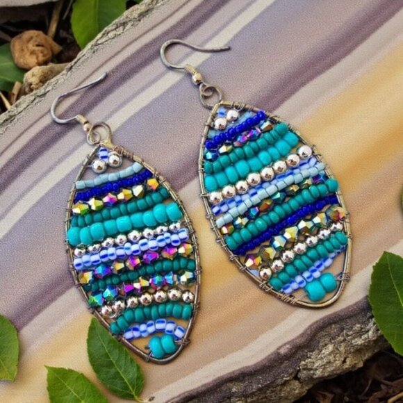 Indian Boho Chic Artisan Coastal Squash Tail Earrings Colorful Beaded Trendy - Picture 10 of 12